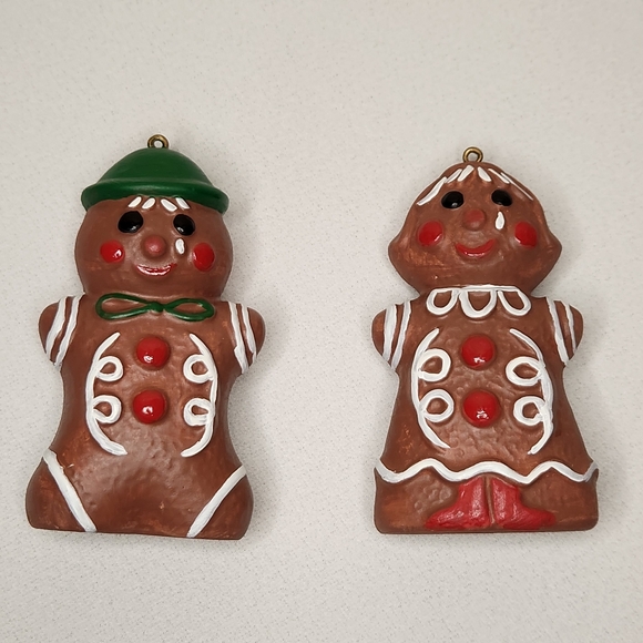 Vintage Painted Ceramic Bisque Gingerbread Couple Christmas Tree Ornaments - Picture 12 of 12